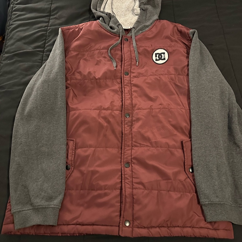 DC Men's Burgundy and Gray Puffer Jacket. Hoodie/Vest, Skateboard with Style